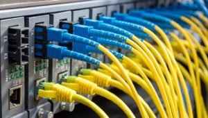 Fiber Optic cables connected to optic ports and UTP, Network cables connected to ethernet ports.